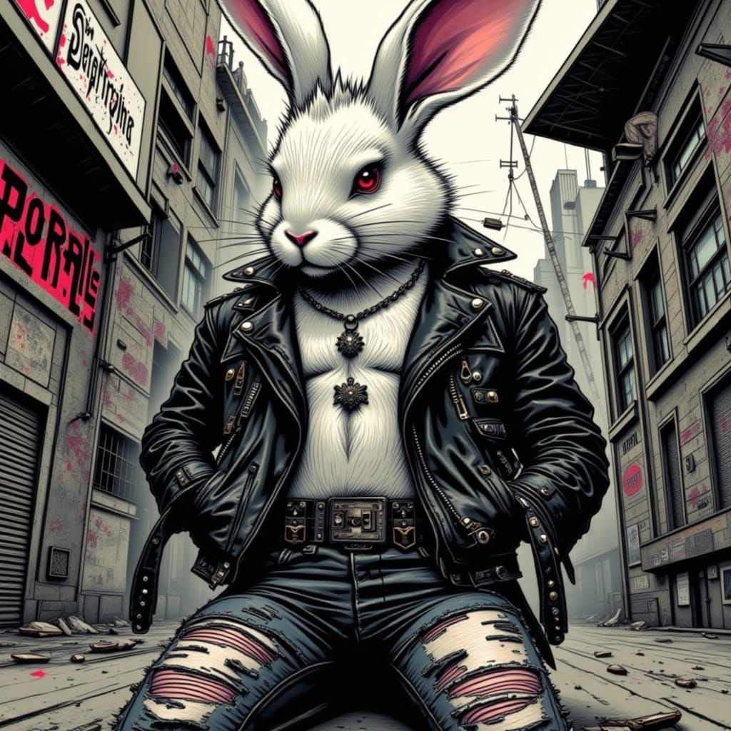 White Punk Bunny in Noir Urban Style