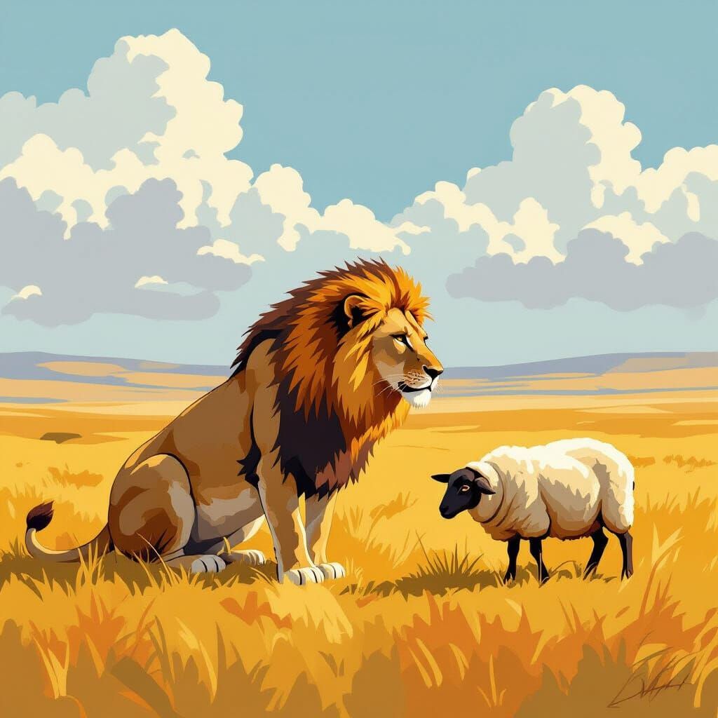 Lioness Stalking Sheep in Savannah, Vibrant Style