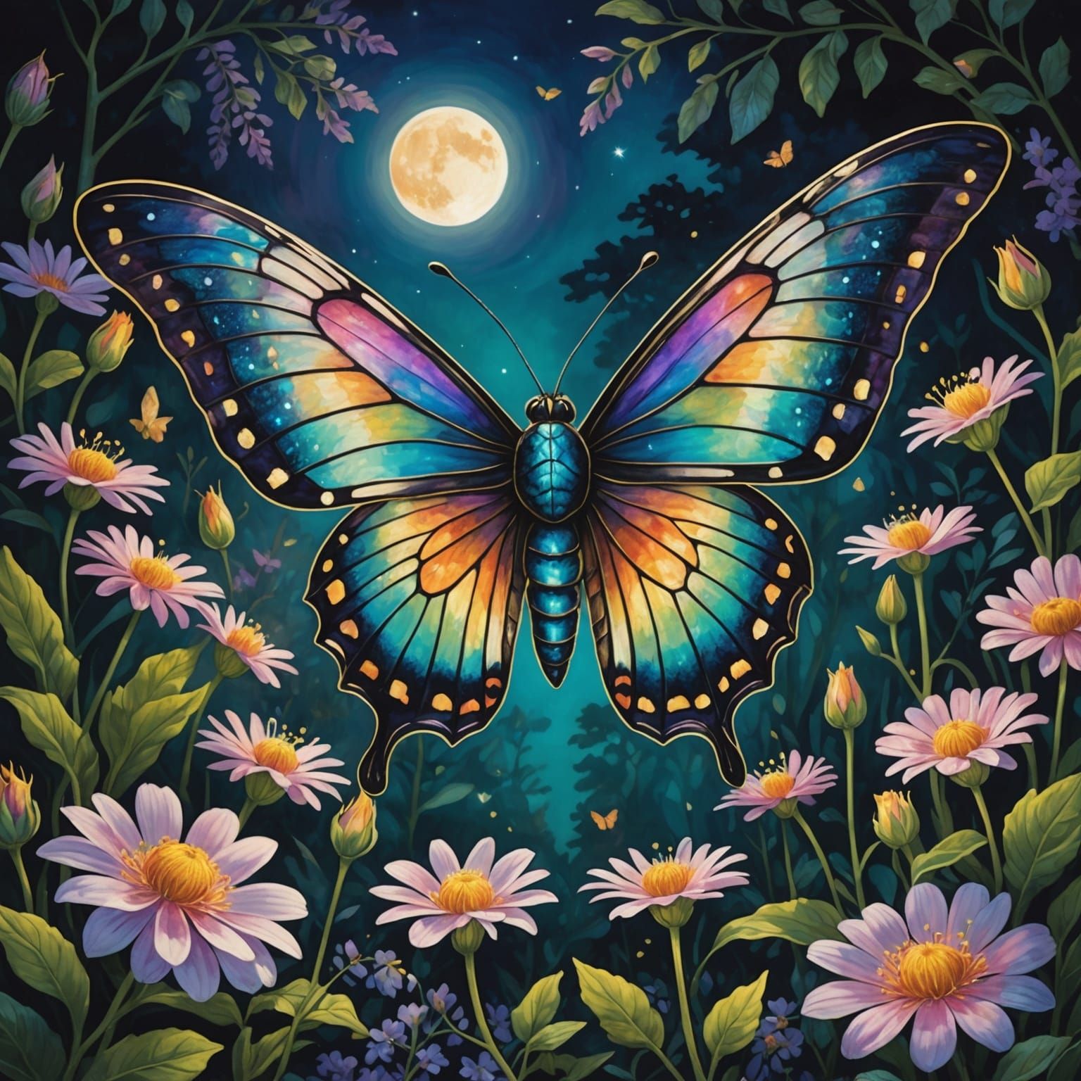 Iridescent Moth in a Mystical Garden