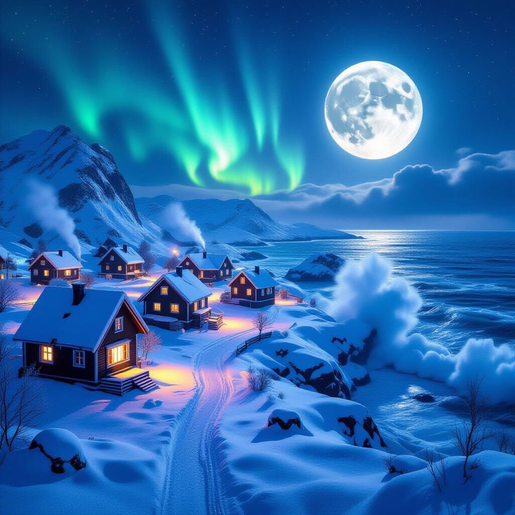 Winter Village Under Northern Lights