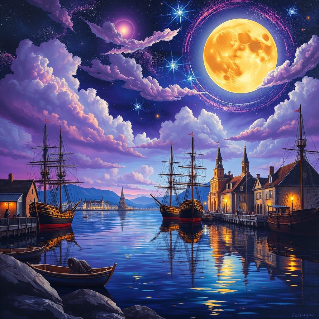Surreal Midnight Harbor Scene in Oil Painting Style