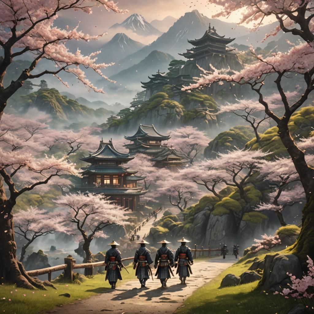 Samurai Warriors in Misty Cherry Blossom Forest