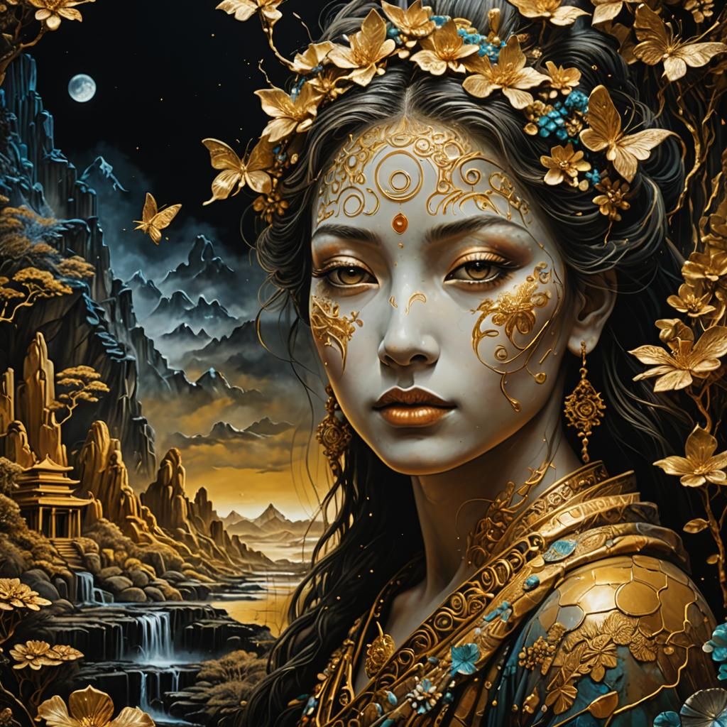 Zen Landscape with Golden Effects and Hieroglyphs