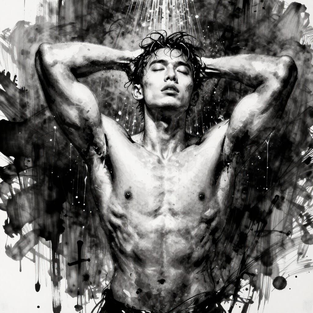 Muscular Man in Shower with Baroque Ink Style