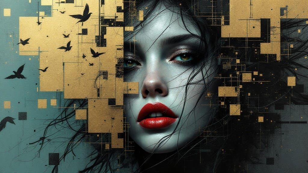 Mysterious Woman Portrait with Geometric Elements