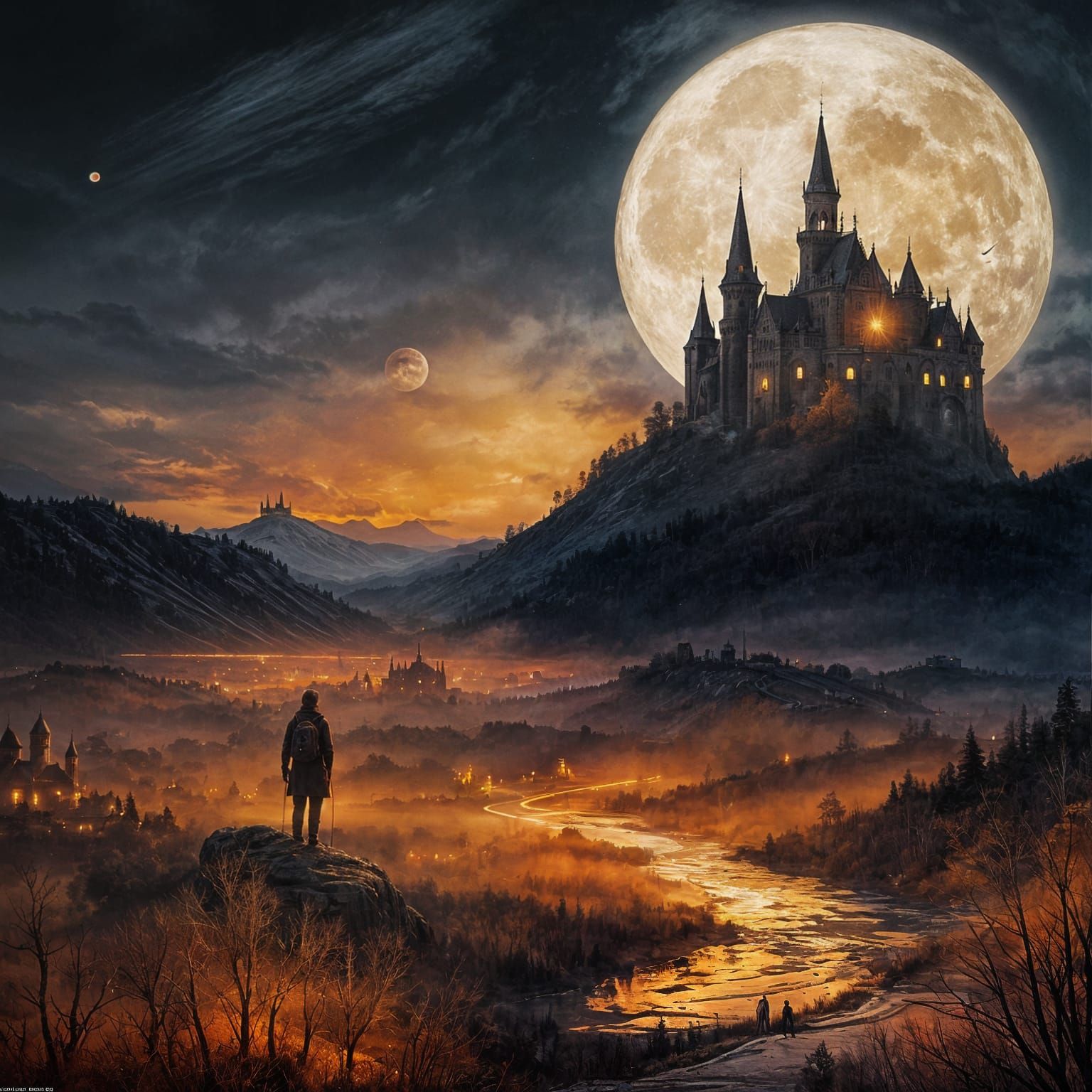 Dreamlike Landscape with Castle and Moonlit Night