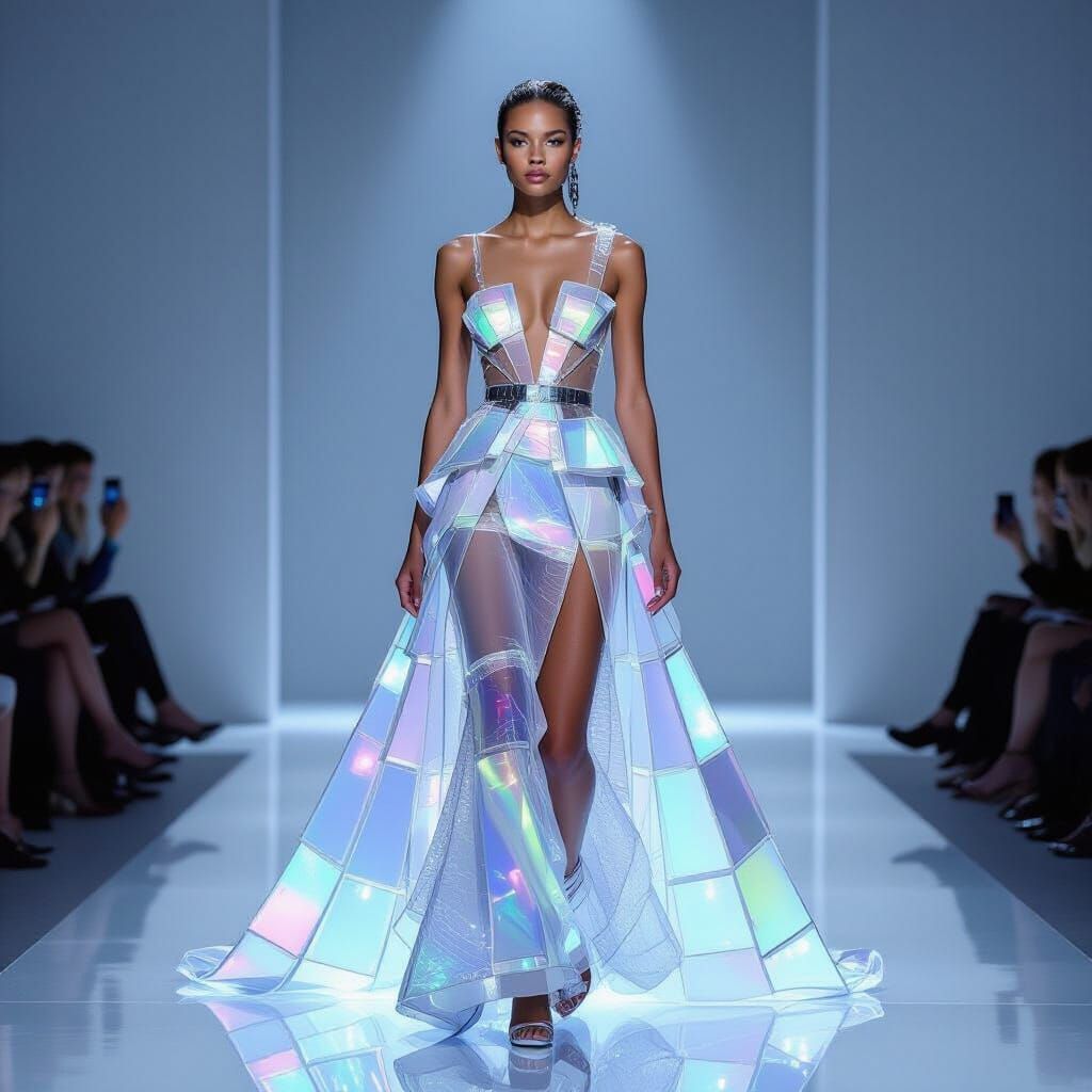 Futuristic Model in Floating Glass Gown with Pulsating LEDs