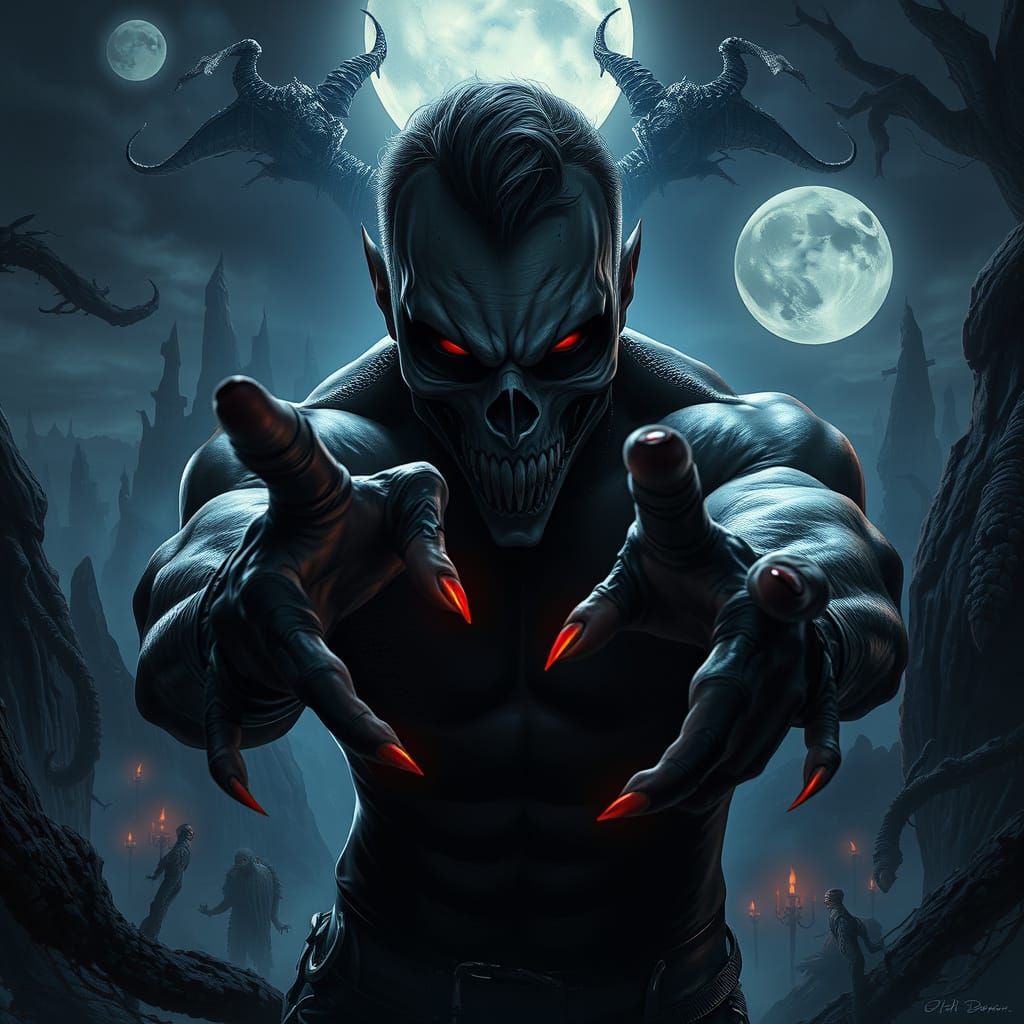 Gothic Man with Skull Face Paint in Dark Fantasy Landscape