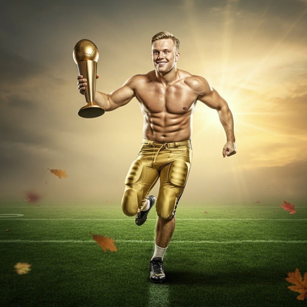 A chiseled, athletic blonde male quarterback with a charming...
