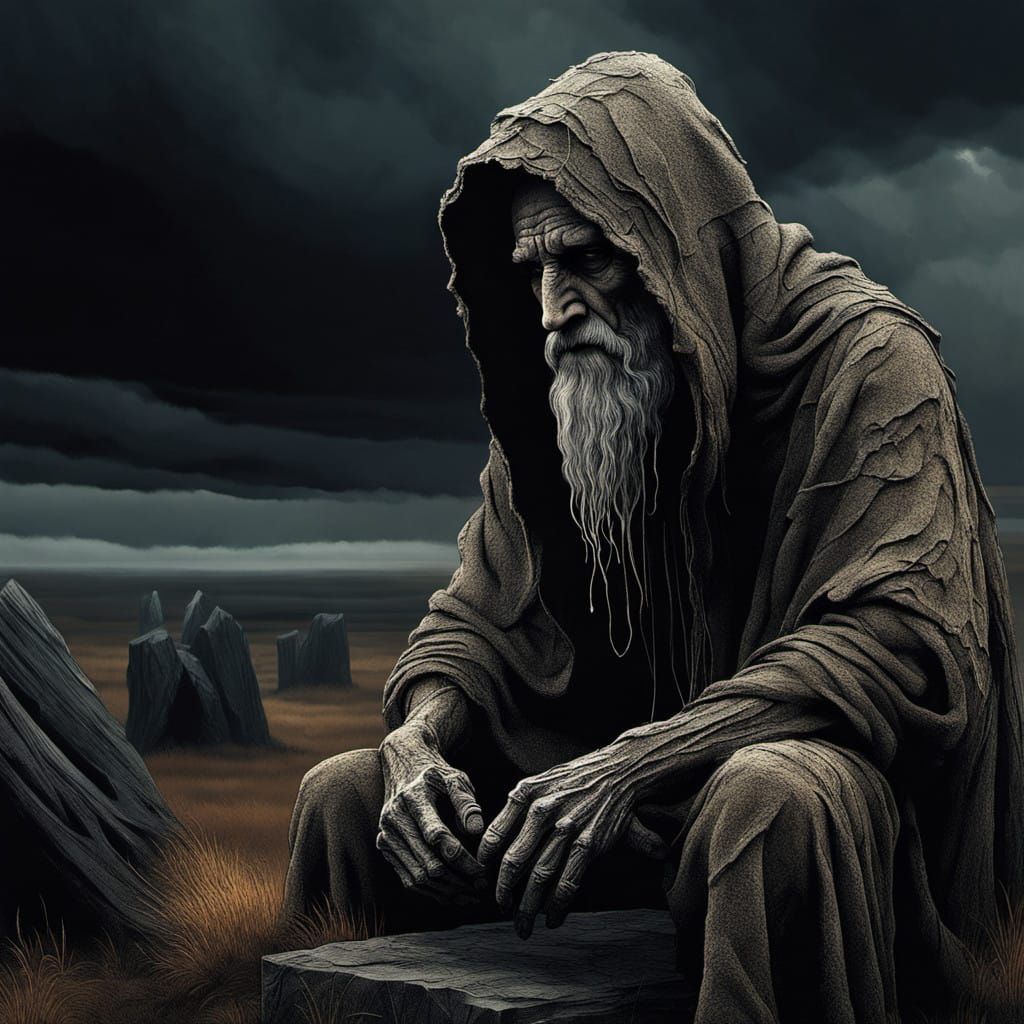 Mystical Druid in Earth-Toned Robes Seated on a Weathered To...