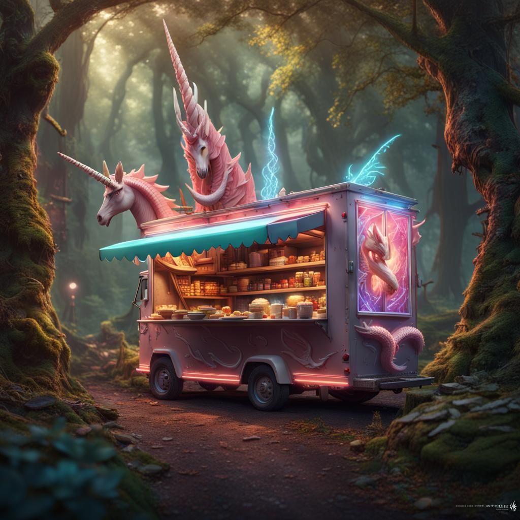 Fantasy Food Truck in Enchanted Forest: Detailed Matte Paint...