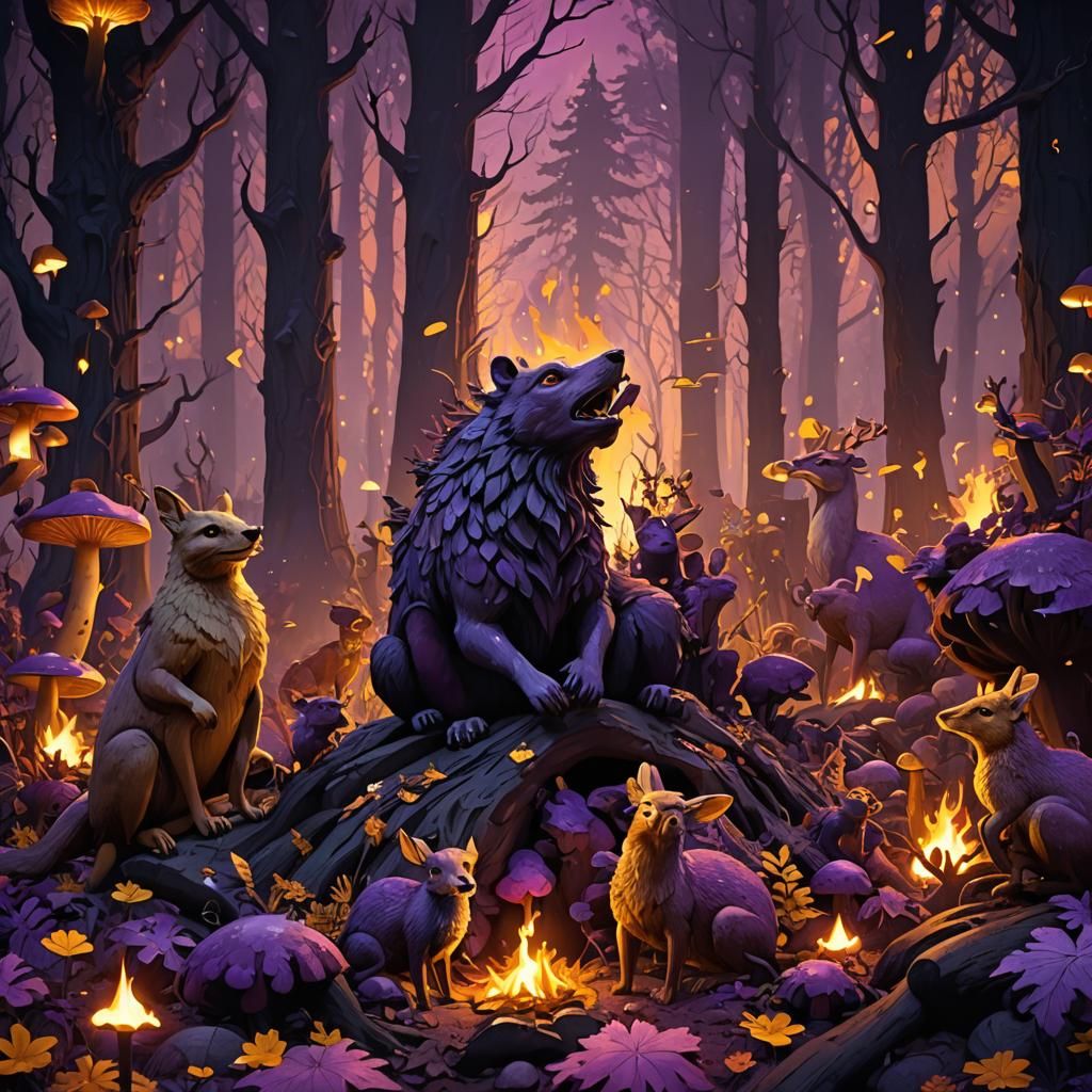 Forest Animals Celebrate in Dark Fantasy 3D Rendering