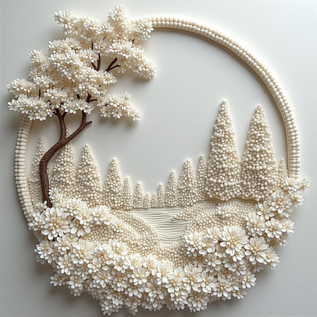 Whitework Embroidery Landscape: Serene Monochromatic Scene