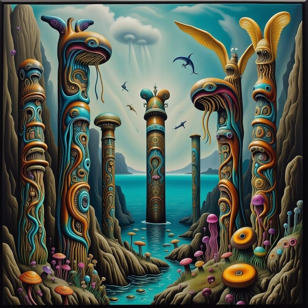 Ocean Creature Totem Poles in Haida Folk Art Style
