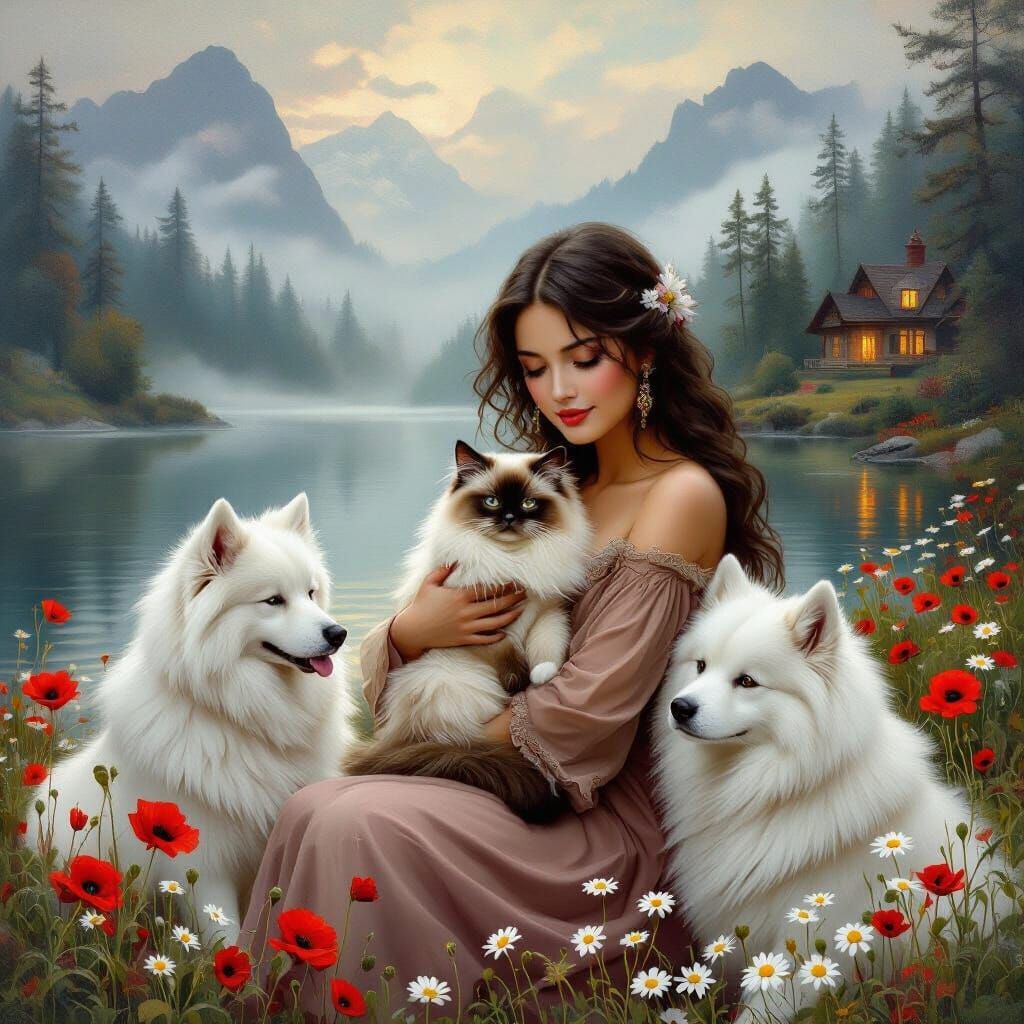 Woman with Cat and Dog in Misty Forest Landscape