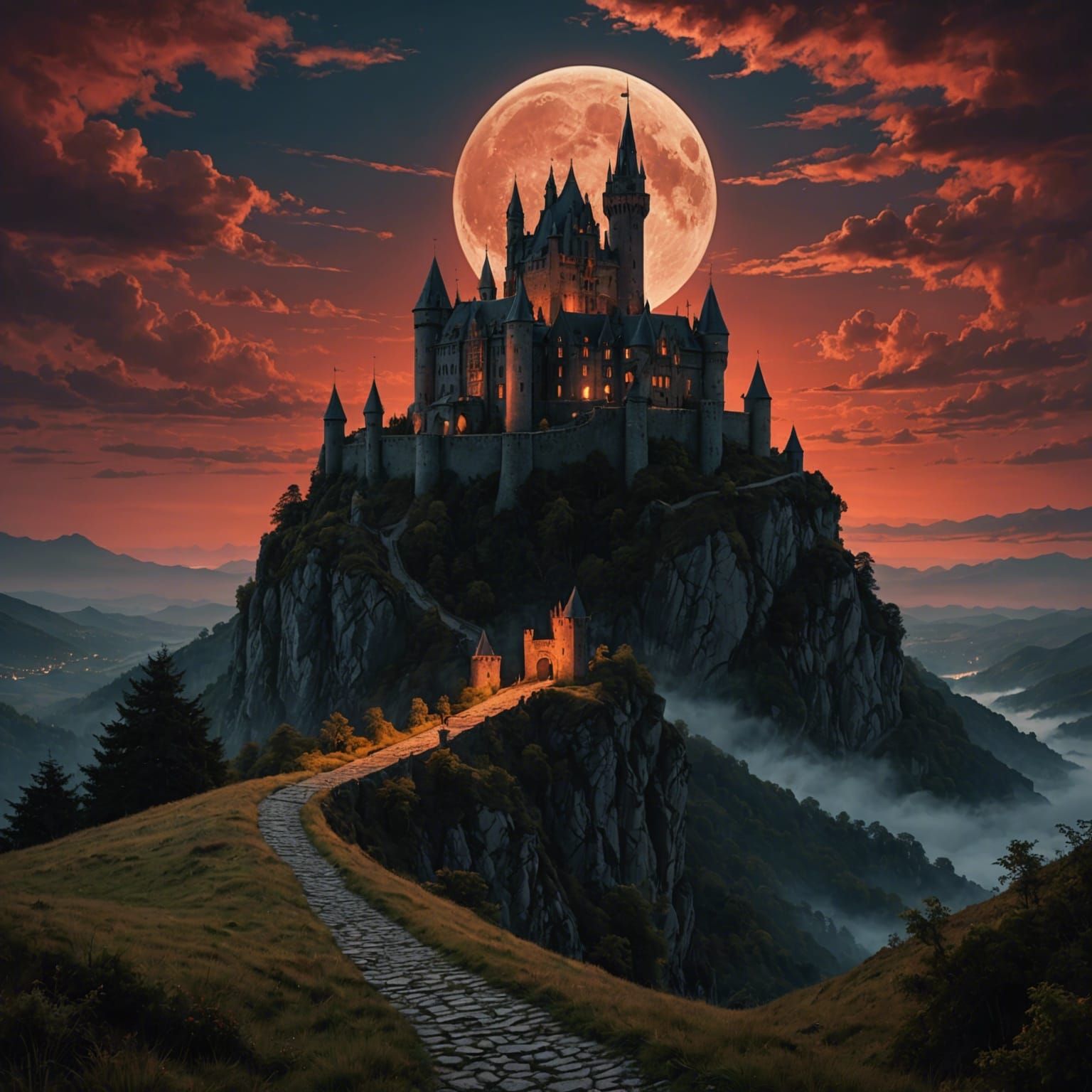Gothic Castle Under a Red Moon: Dark Fantasy Art