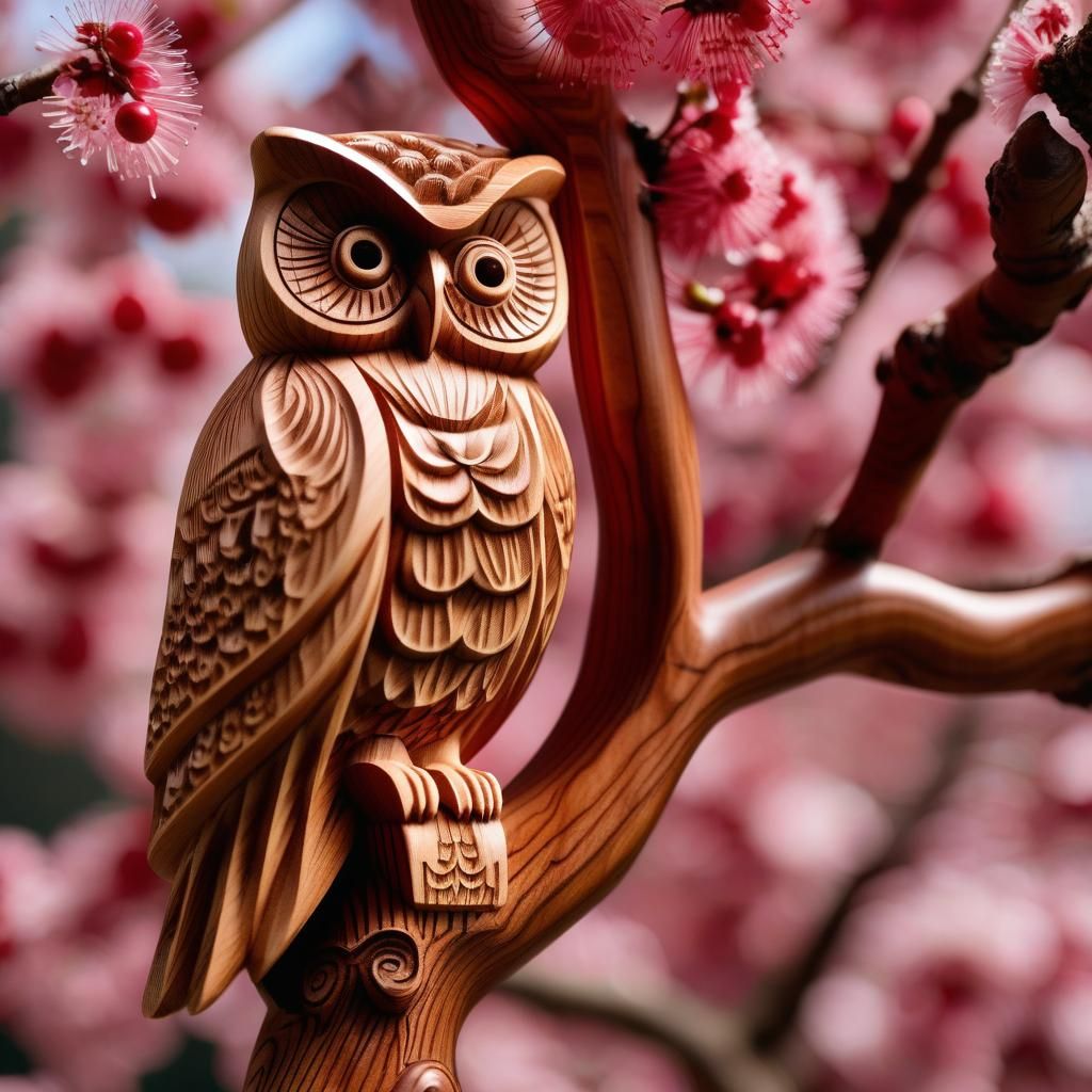 Ornate Wooden Owl Statue in Japanese Style