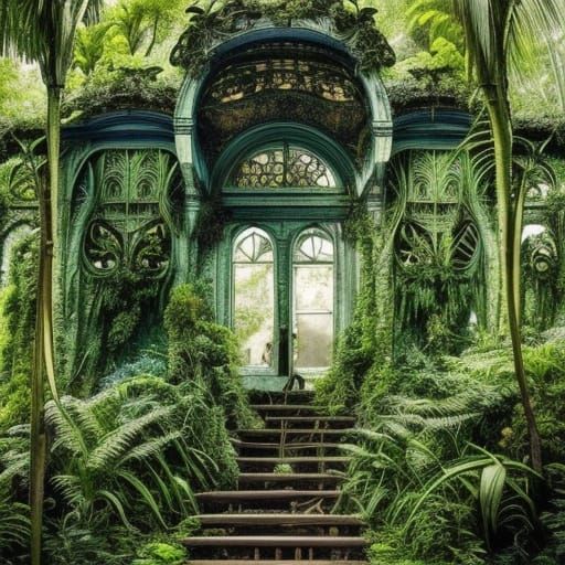 Overgrown Victorian Jungle Train Station: Fantasy Art