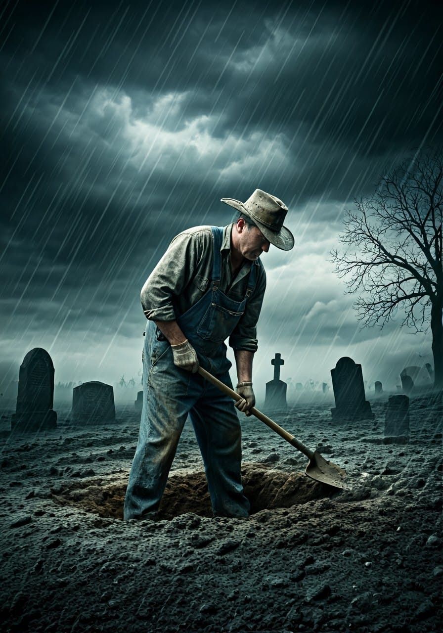 Weathered Gravedigger in a Desolate Graveyard