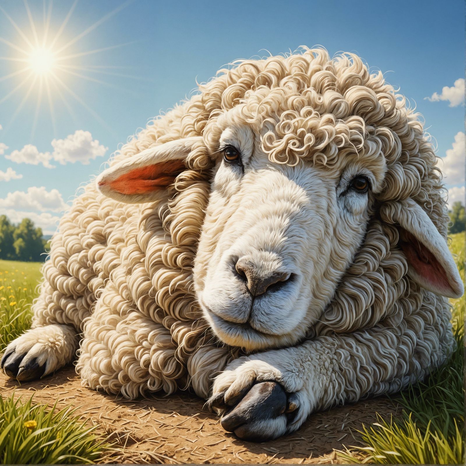 Sleepy Sheep in Sunny Field as Oil Painting