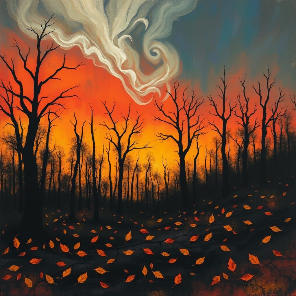 Ethereal Forest Fire: Abstract Expressionist Landscape