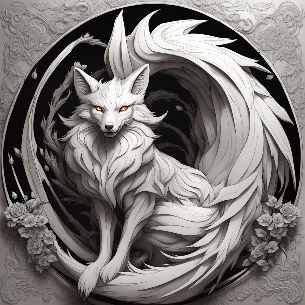 Detailed Line Drawing of a Nine-Tailed Fox