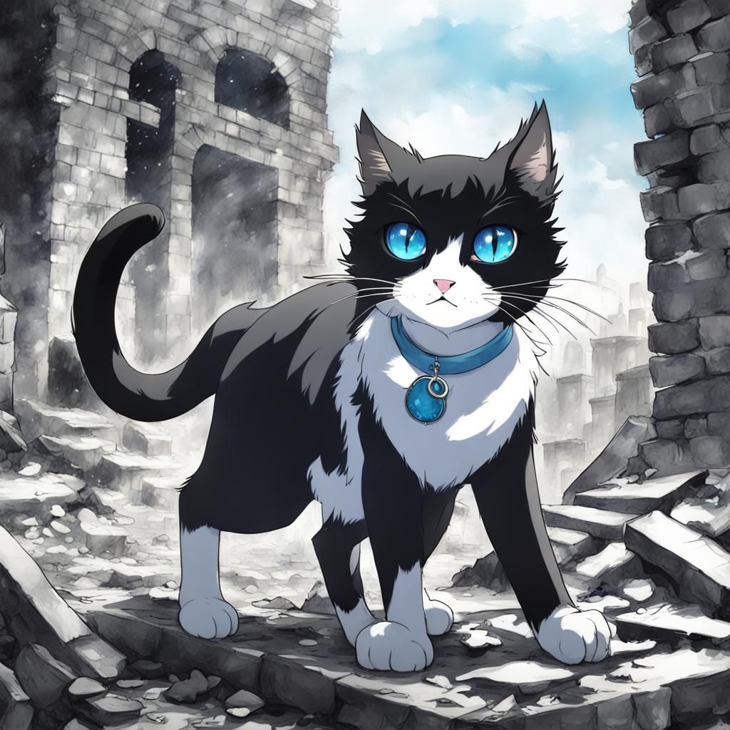 Monochrome Cat with Blue Eyes in Anime Style
