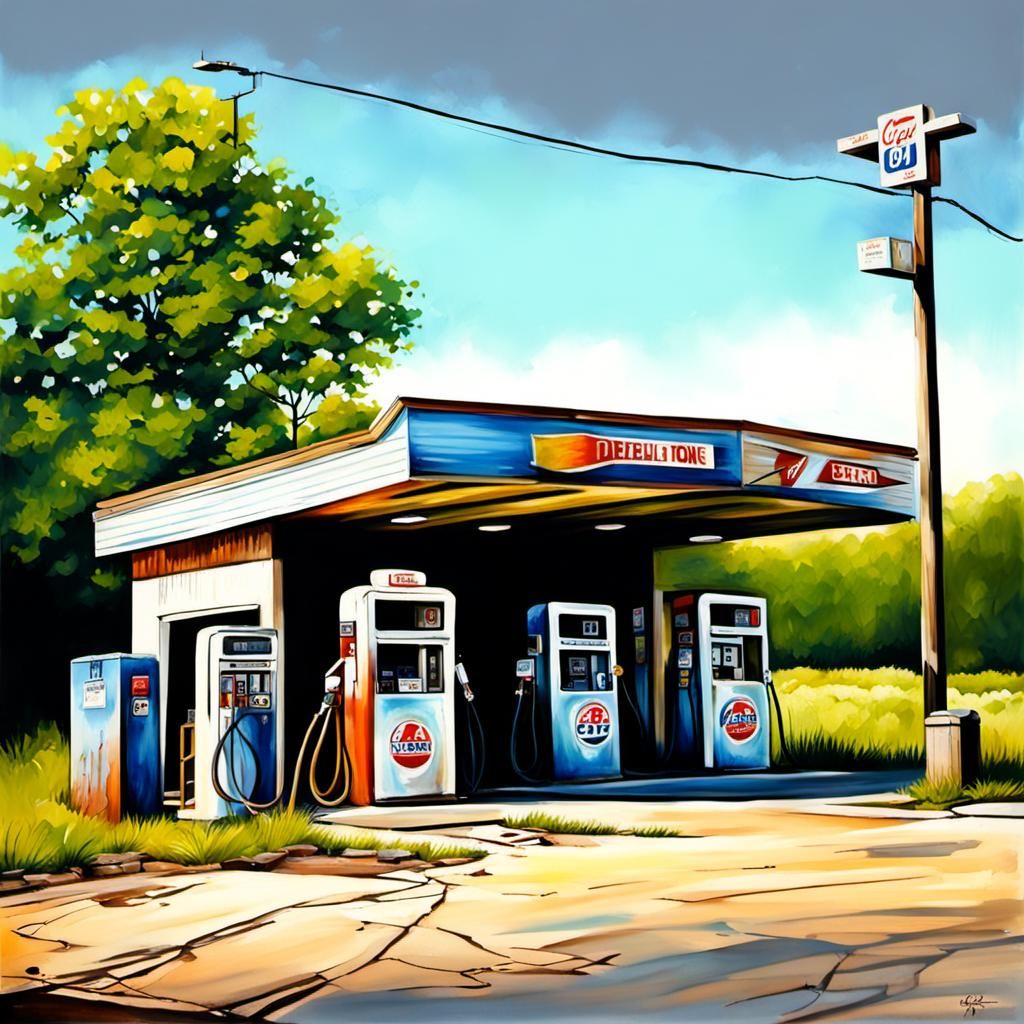 Abandoned Gas Station: Airbrushed Oil Painting