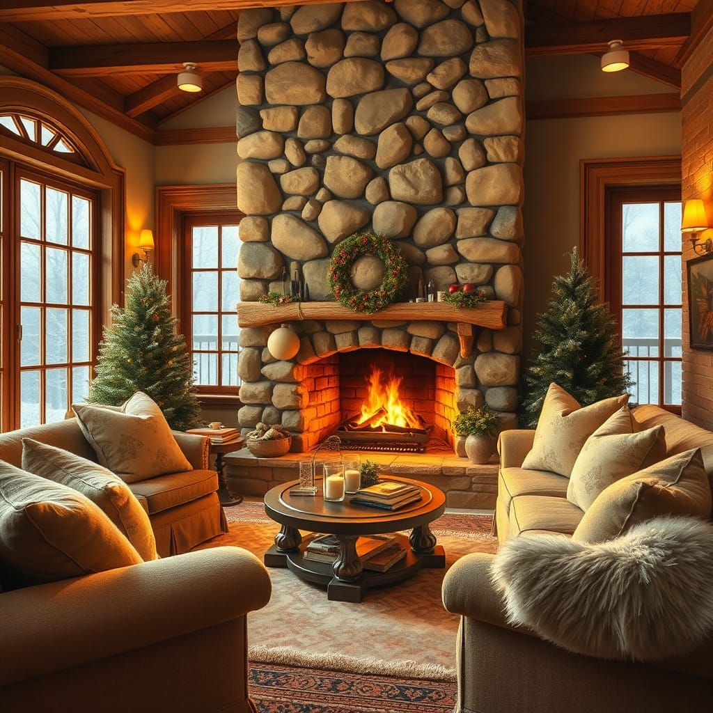 Cozy living room,  fireplace, large sofa, pillows, snowing outside