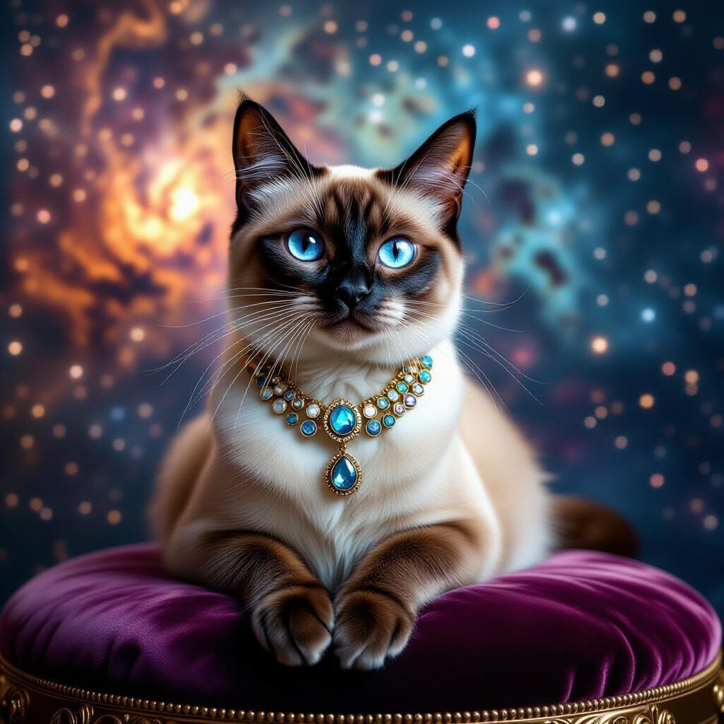 Siamese Cat in Art Deco Jewelry on Cosmic Nebula