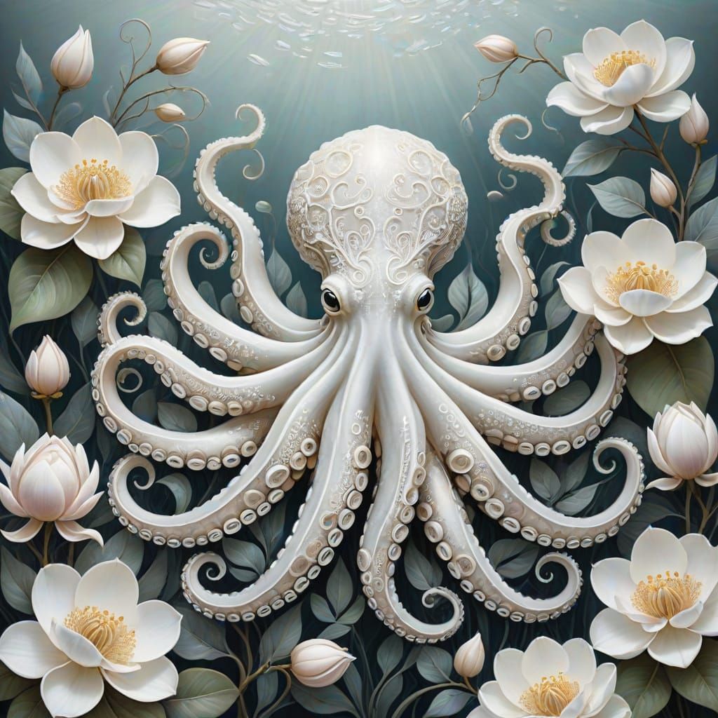Ethereal White Octopus in Digital Acrylic Art