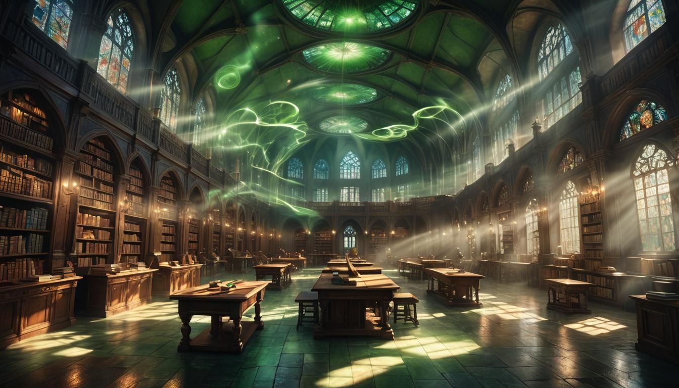 Medieval Fantasy Library with Swirling Magic: 3D Digital Art