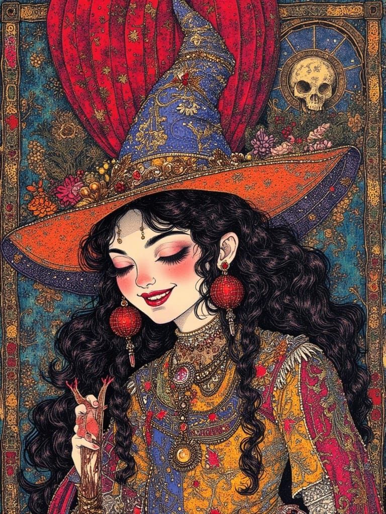 <lora:Concelo:1.0> Laughing witch in the style of an ancient...