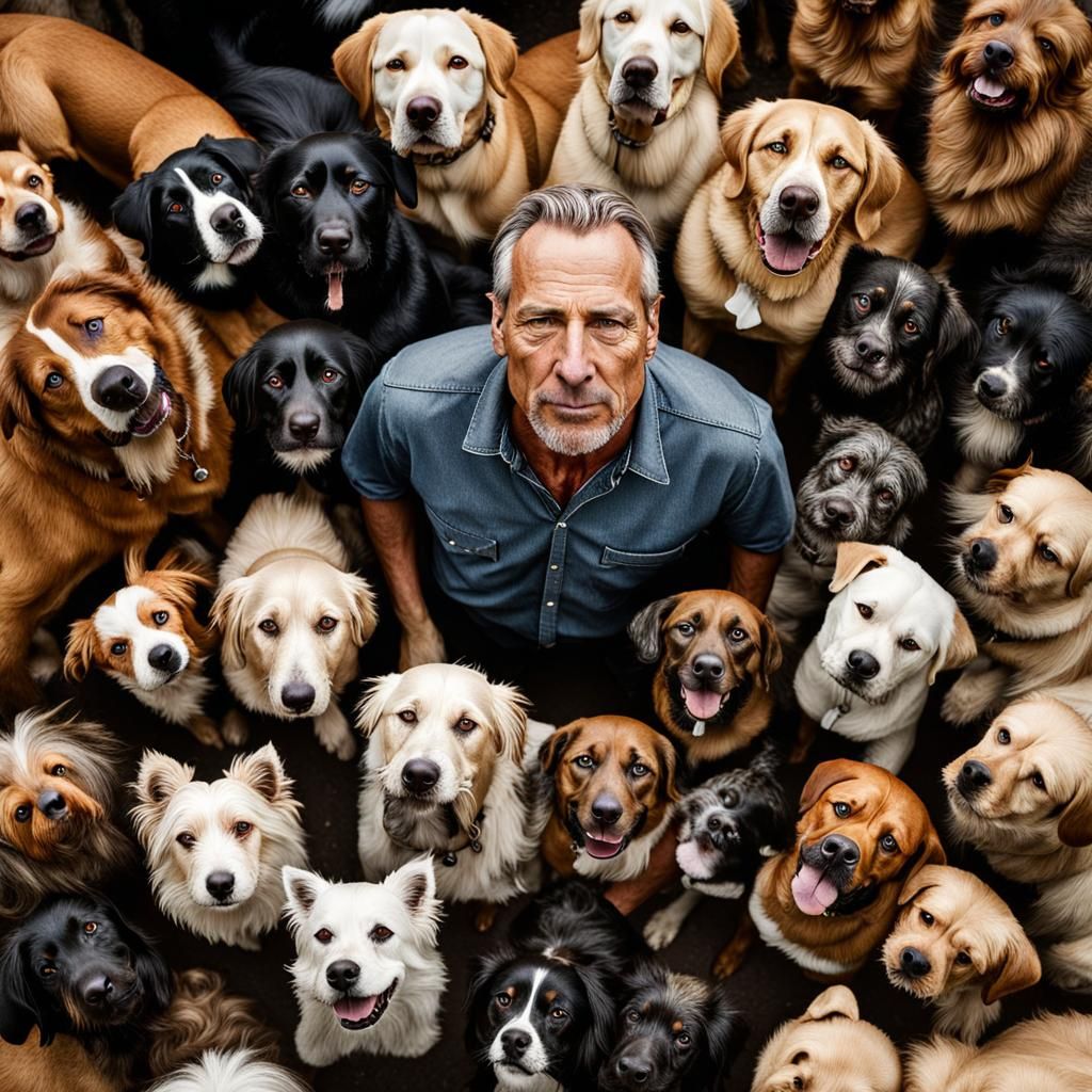 Dog Walker Portrait with Multiple Breeds