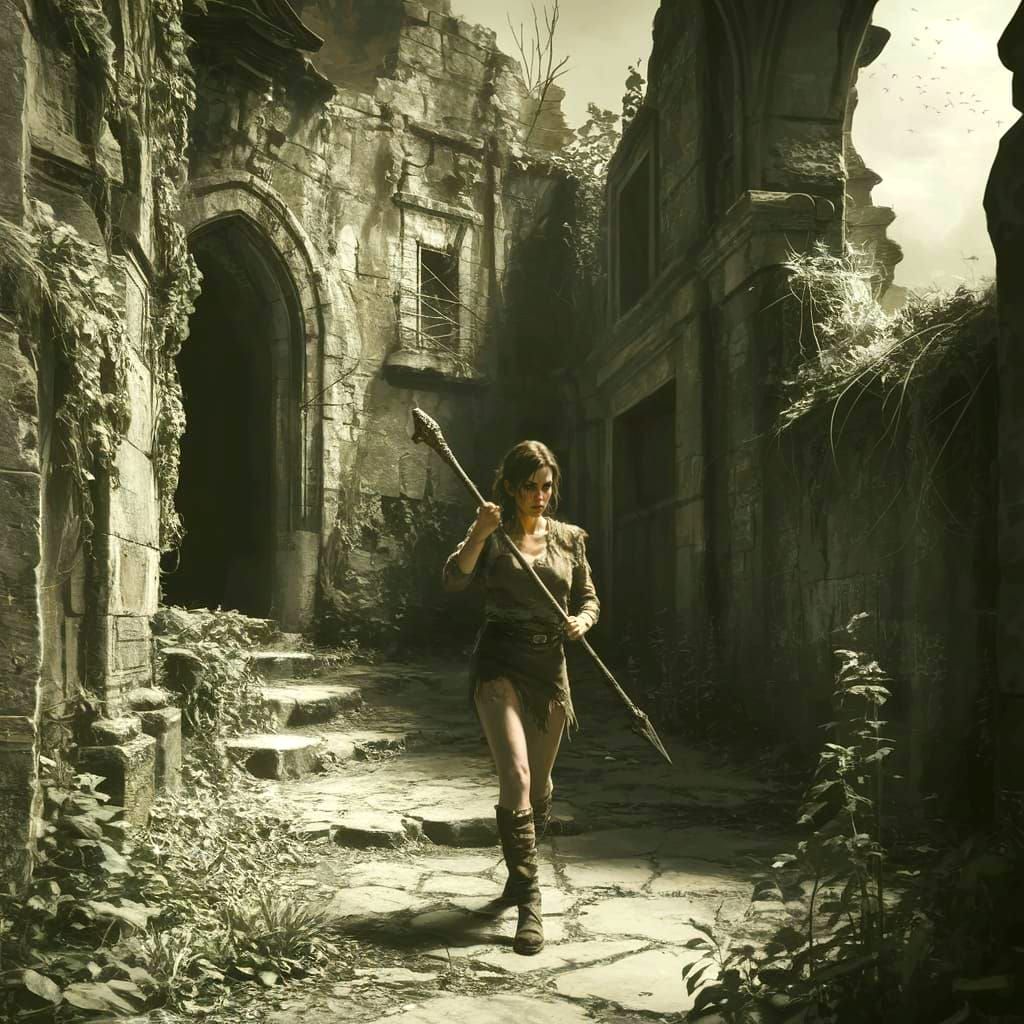 Dark Fantasy Explorer in Ancient Gothic Ruins