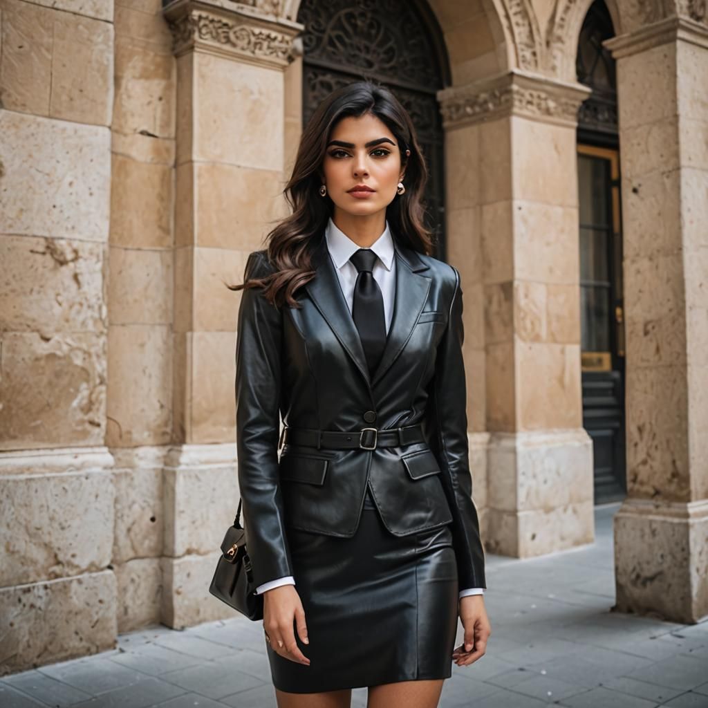 Classy Preppy Persian Woman in Leather Skirt Suit