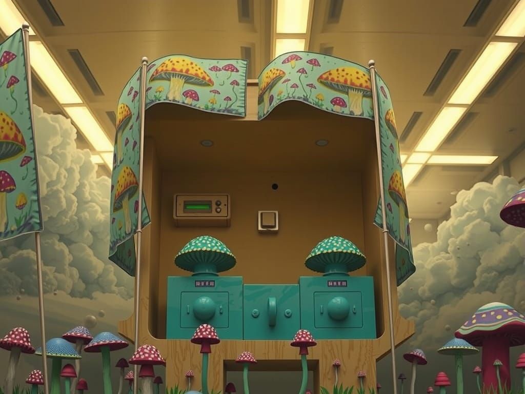Surreal Mushroom Flags and Brutalist Chewing Gum House