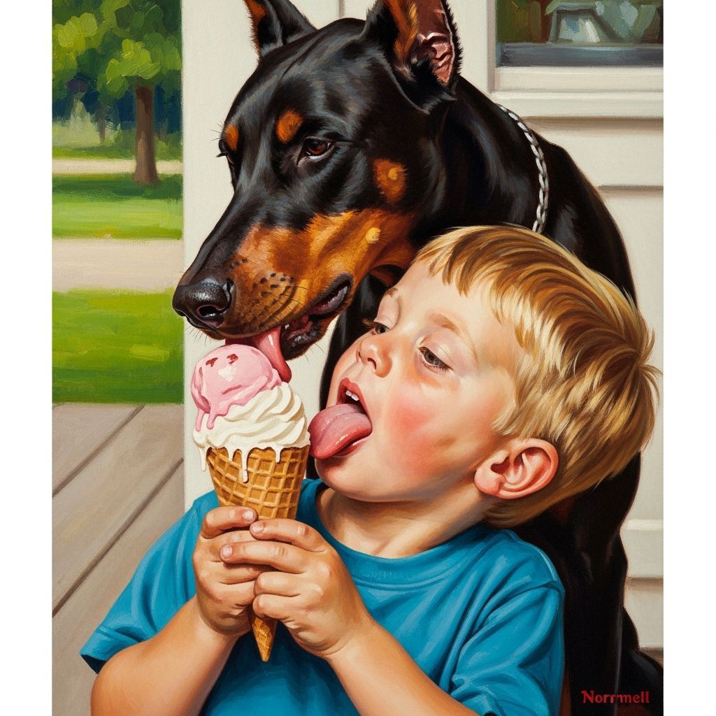 Boy and Doberman Share Ice Cream, Expressive Realism