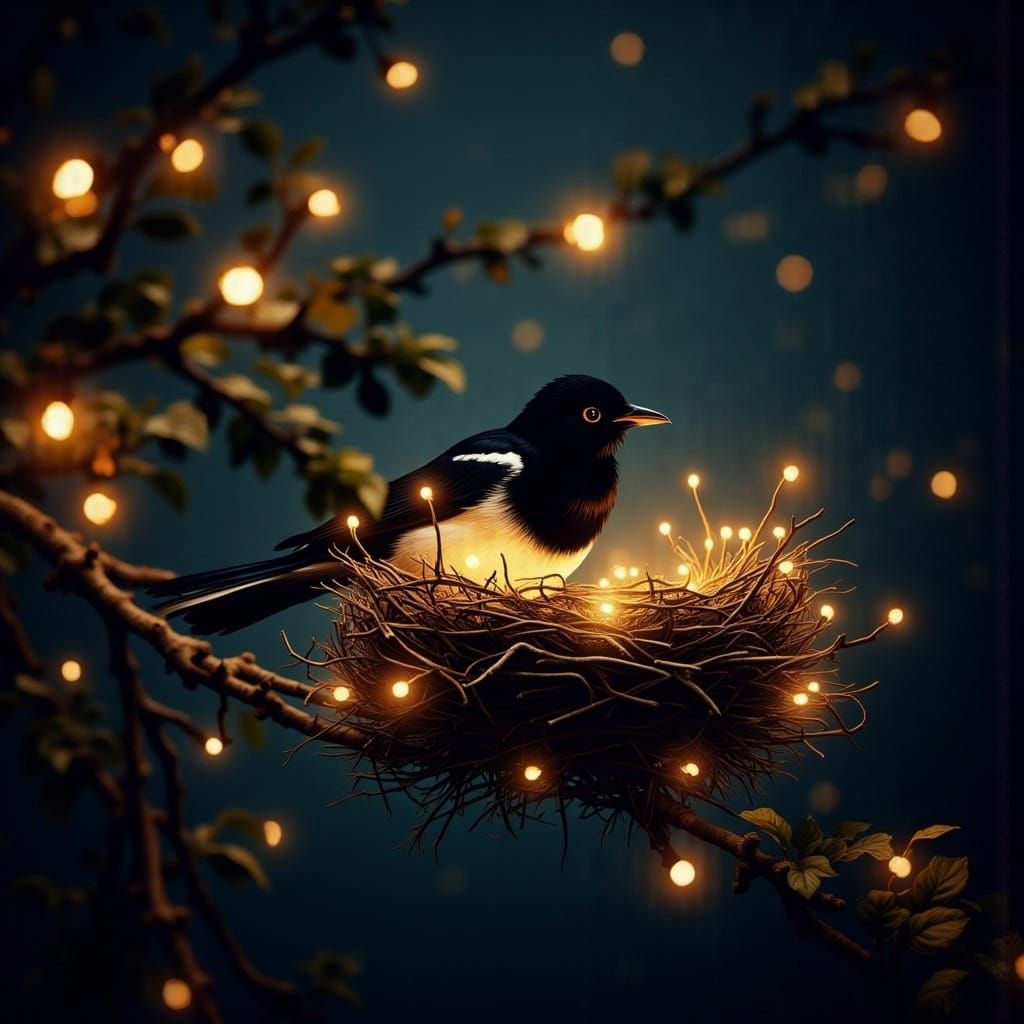 Magpie Under Starry Night Sky