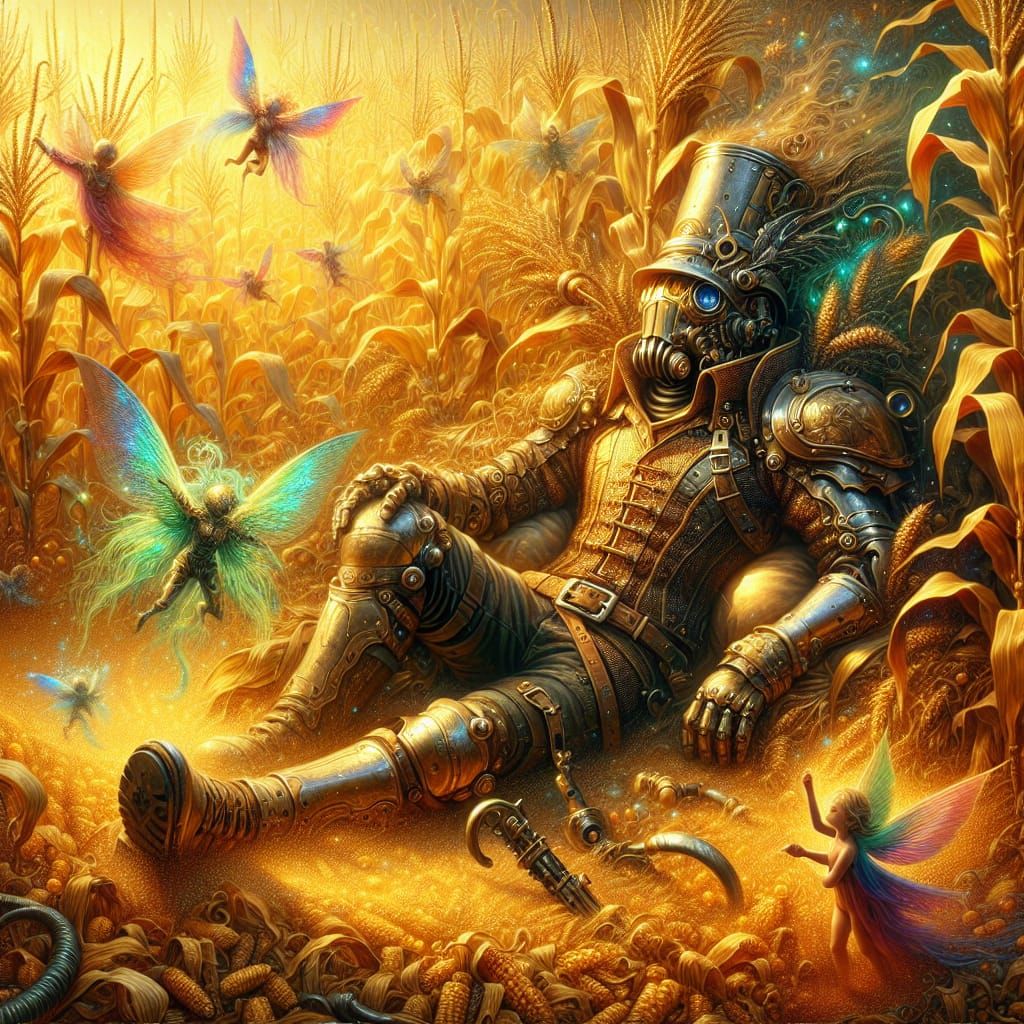 Steampunk Knight in Golden Cornfield, Matte Painting