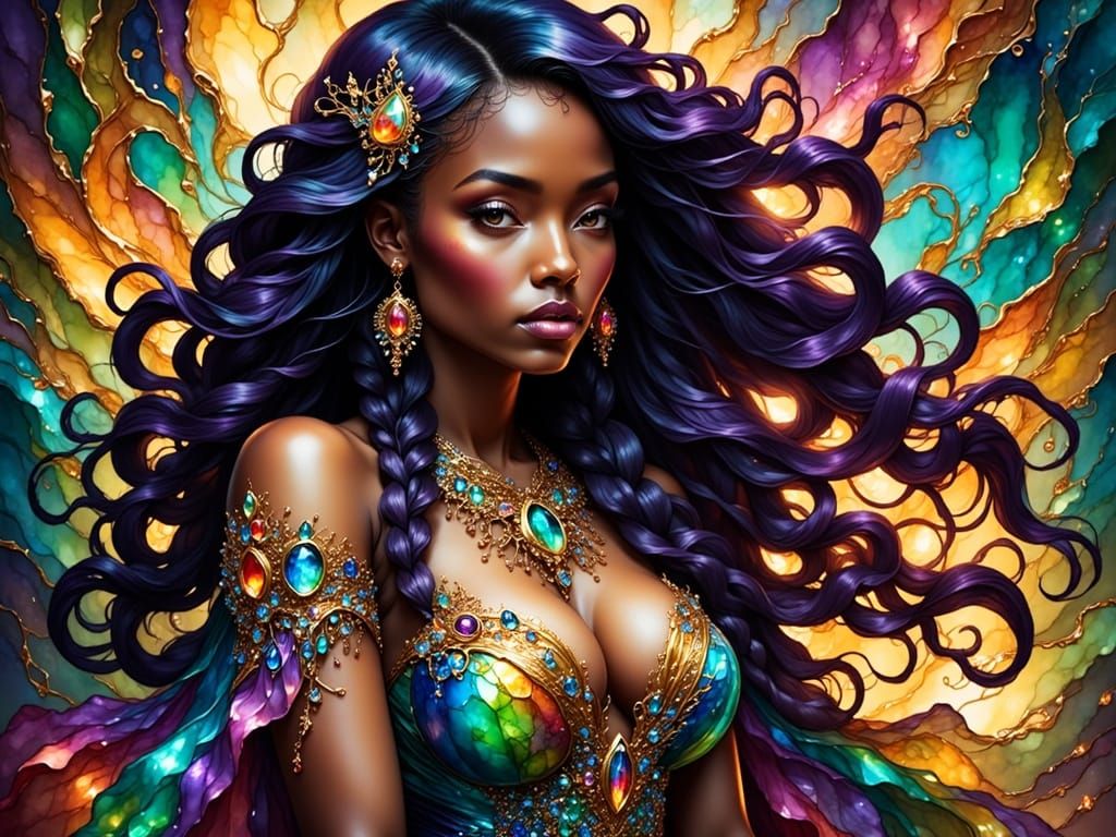 Stunning Dark Skinned Woman in Vibrant, Hyperrealistic Fanta...