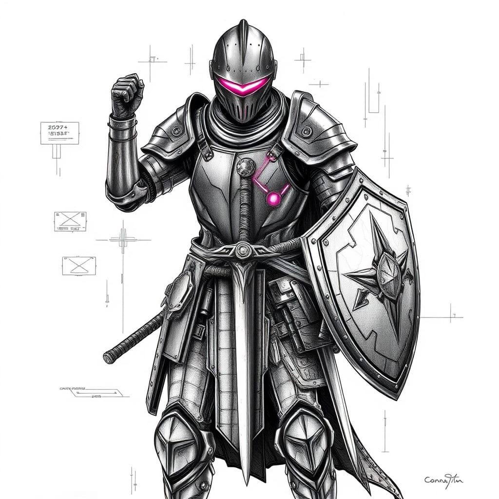 Cyberpunk Medieval Armor Suit Technical Illustration in Blac...
