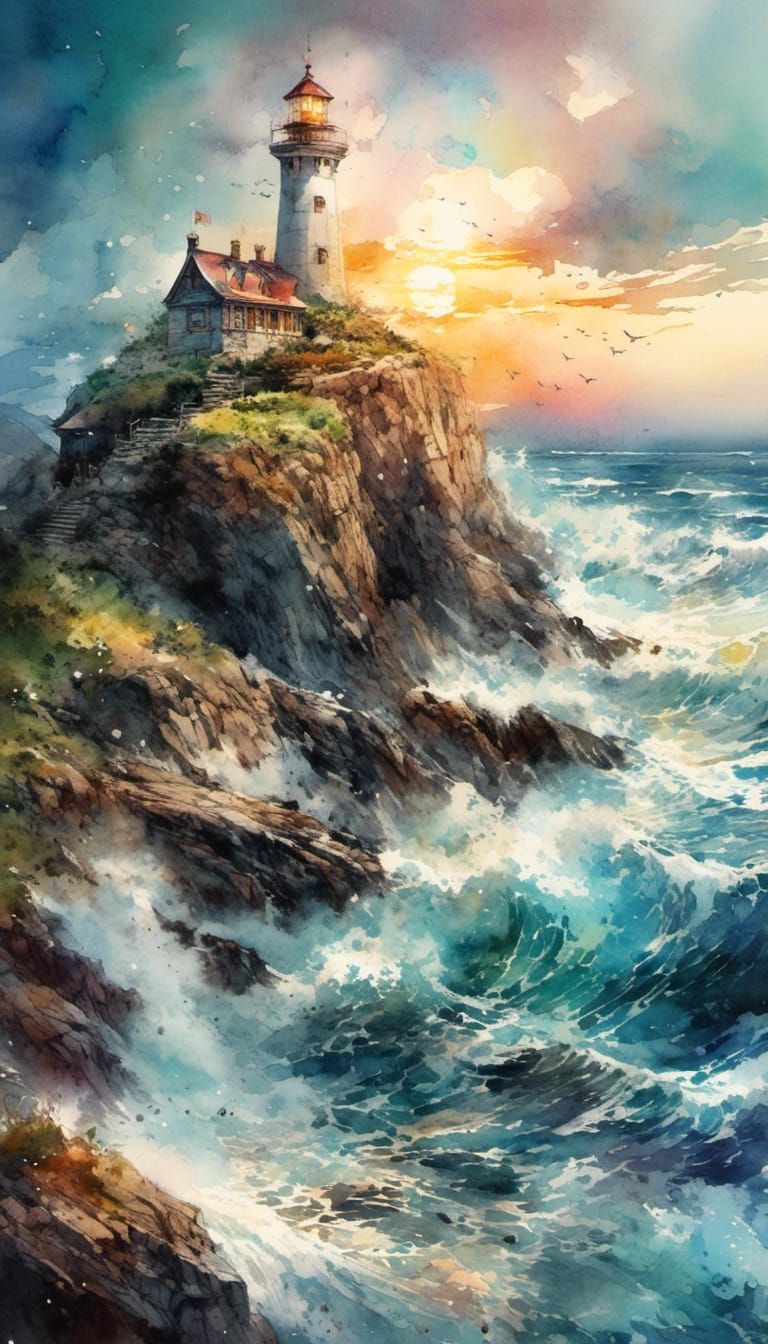 Fairytale Lighthouse Digital Watercolor Illustration