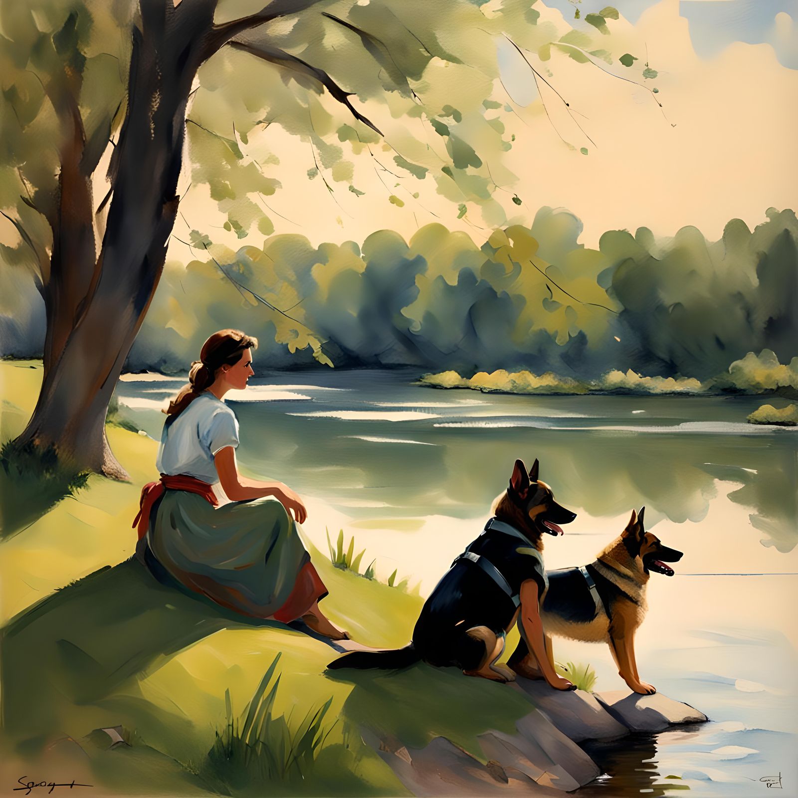 Woman and German Shepherd in Impressionistic Style