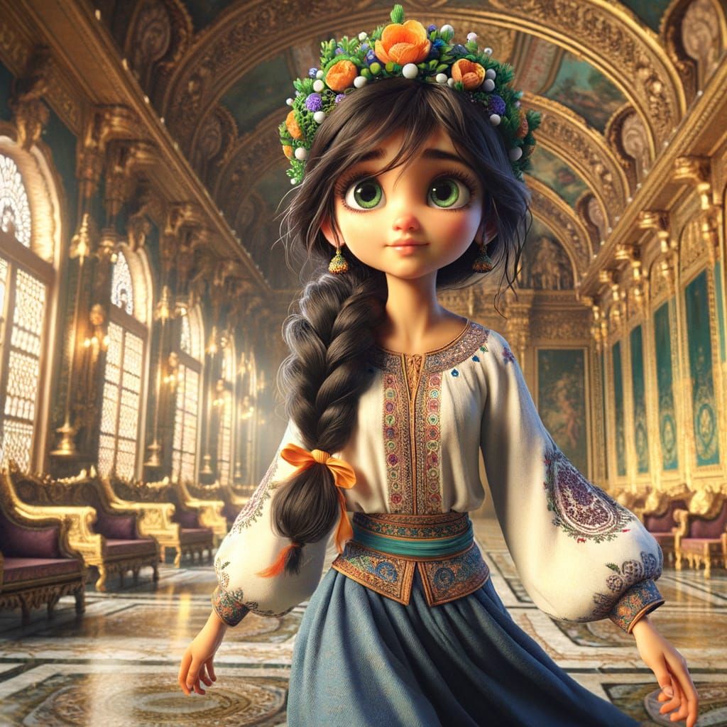 Girl with Flower Crown in Ornate Golden Chamber