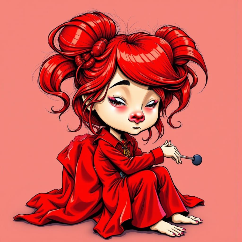 Vibrant Red Character in Whimsical Caricature Style