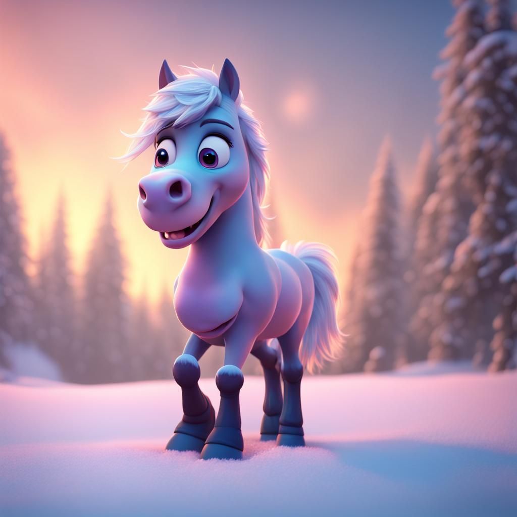 Fluffy Horse in Snow: Pixar-Style 3D Art