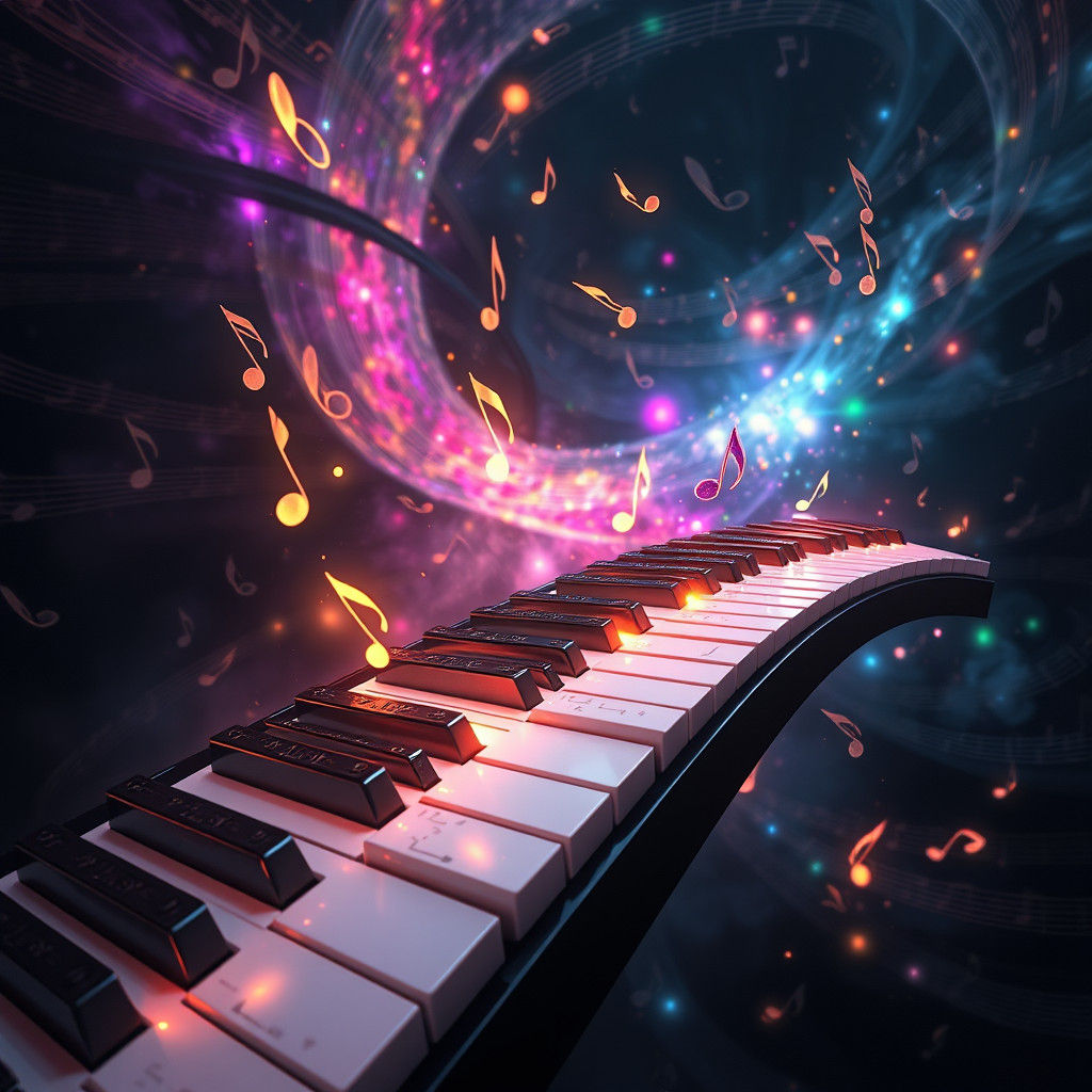 Flying Piano Keys in Dreamlike Digital Art