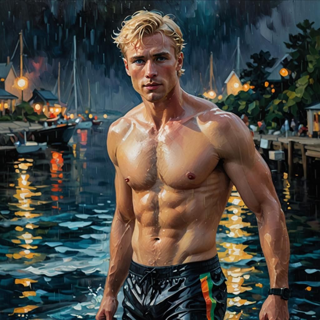 Handsome Blond Man in Water, Neo-Impressionist Oil Painting