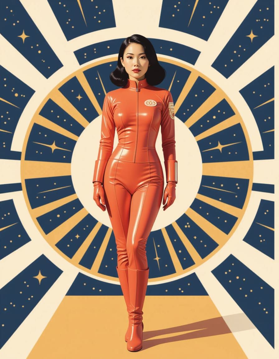Retro-Futuristic Astronaut Woman in Rose-Orange Suit
